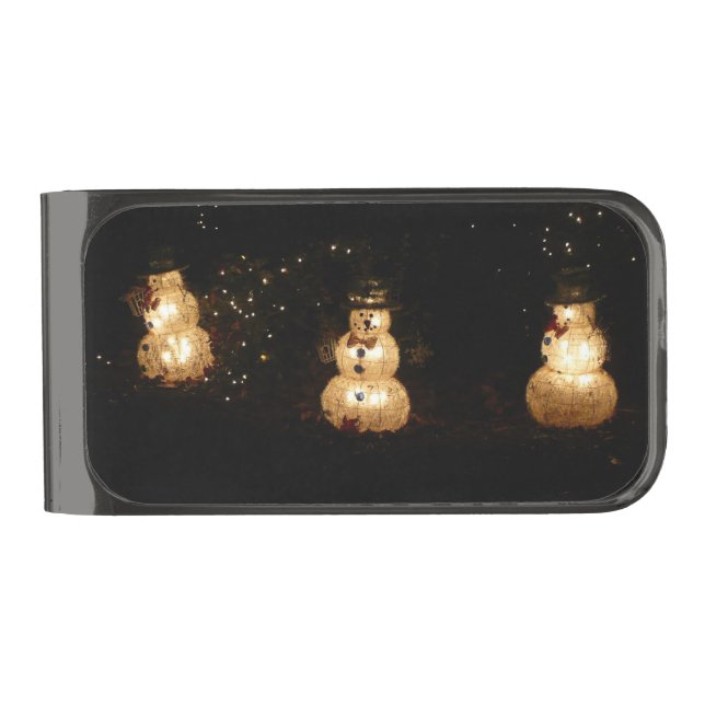 Snowman Holiday Light Display Gunmetal Finish Money Clip (Front)
