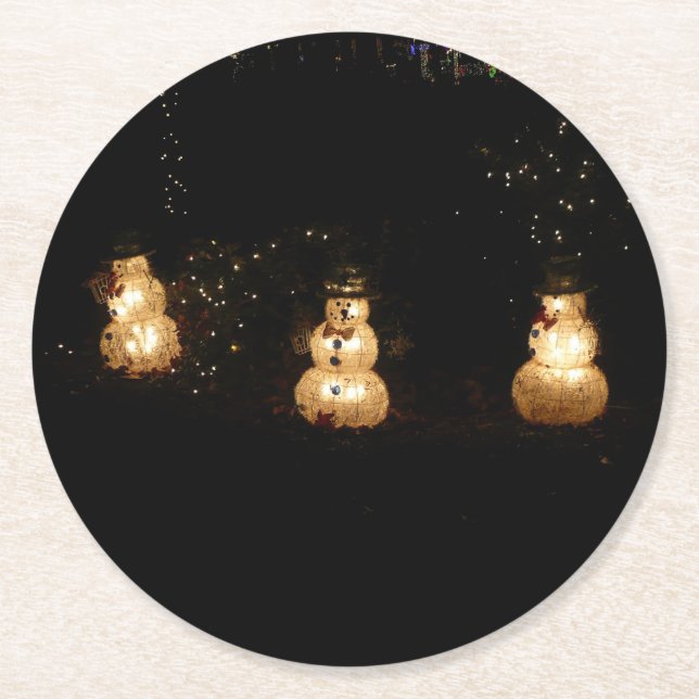 Snowman Holiday Light Display Round Paper Coaster (Front)
