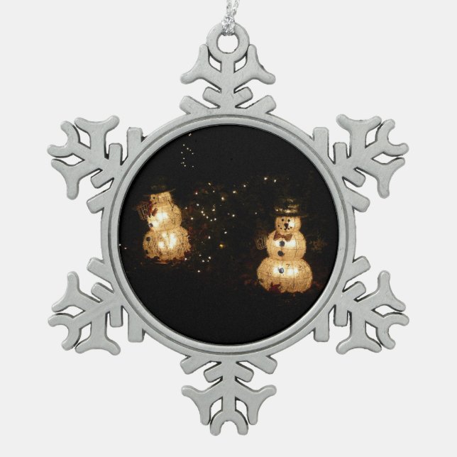 Snowman Holiday Light Display Snowflake Pewter Christmas Ornament (Front)