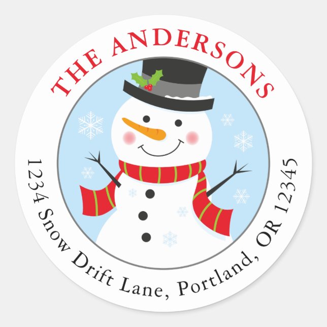 Snowman Holiday Return Address Label Round (Front)