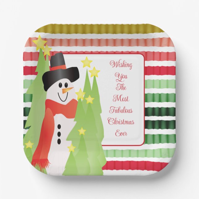 Snowman Holiday Themed Designer Square Paper Plates (Front)