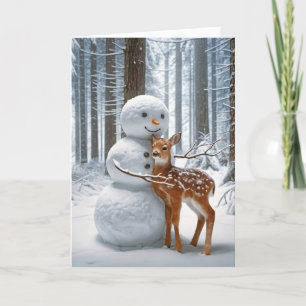 Snowman Hugging a Fawn Holiday Card