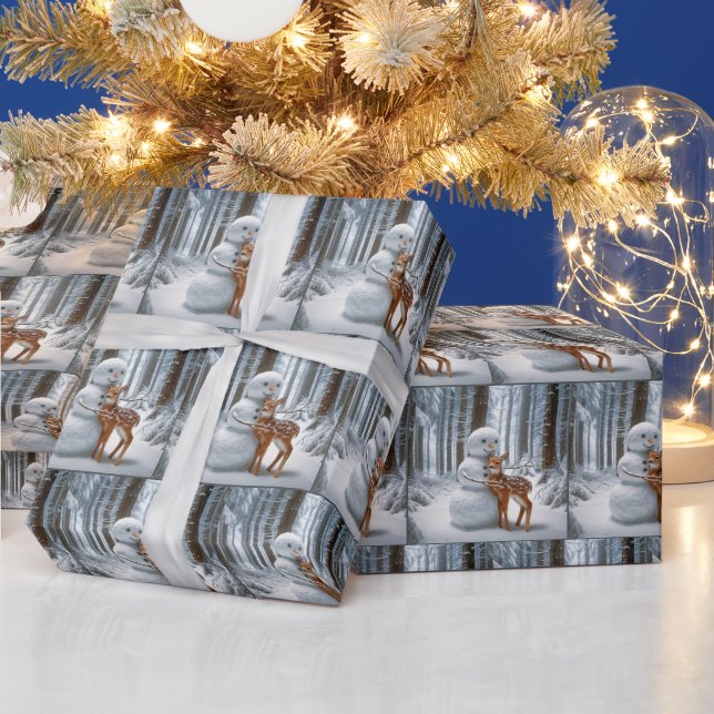 Snowman Hugging a Fawn In Winter Woods Wrapping Paper (Holidays)