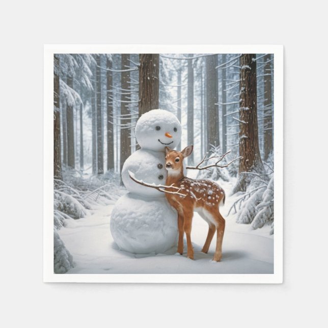 Snowman Hugging a Fawn Napkins (Front)