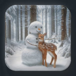 Snowman Hugging a Fawn Paper Plates<br><div class="desc">A whimsical scene in a snow-covered forest features a friendly snowman with a carrot nose and a fawn nuzzling against it.</div>