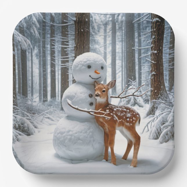 Snowman Hugging a Fawn Paper Plates (Front)