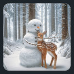 Snowman Hugging a Fawn Square Sticker<br><div class="desc">A whimsical scene in a snow-covered forest features a friendly snowman with a carrot nose and a fawn nuzzling against it.</div>