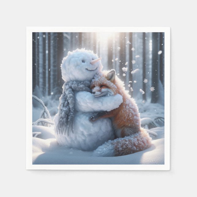 Snowman Hugging A Fox Napkins (Front)
