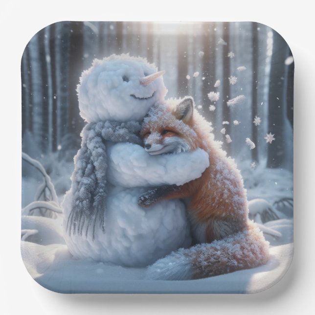 Snowman Hugging A Fox Paper Plates (Front)