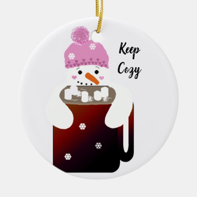 Snowman Hugging a Mug of Hot Chocolate Ceramic Ornament (Front)