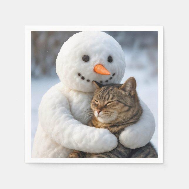 Snowman Hugging a Tabby Cat Napkins (Front)