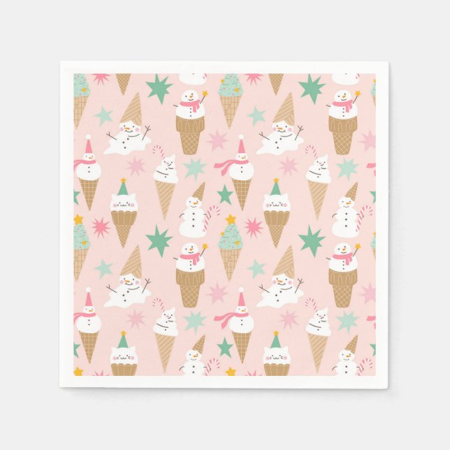 Snowman Ice Cream Cones Christmas Pattern Napkins (Front)