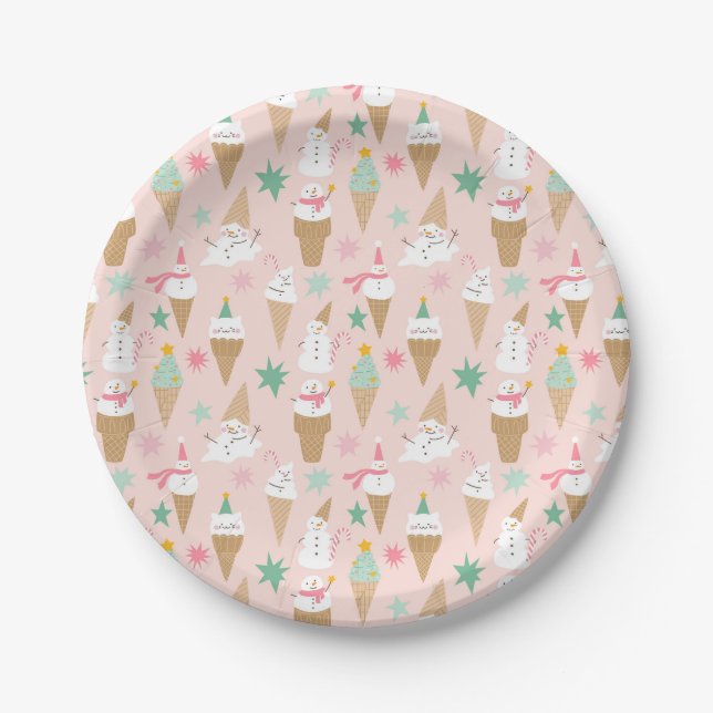 Snowman Ice Cream Cones Christmas Pattern Paper Plates (Front)