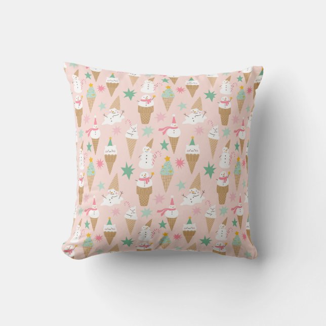 Snowman Ice Cream Cones Christmas Pattern Throw Pillow (Front)