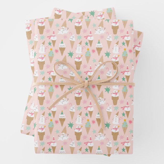 Snowman Ice Cream Cones Christmas Pattern Wrapping Paper Sheets (In situ)