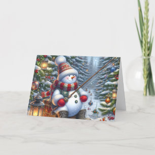 Snowman Ice Fishing Christmas Holiday Card