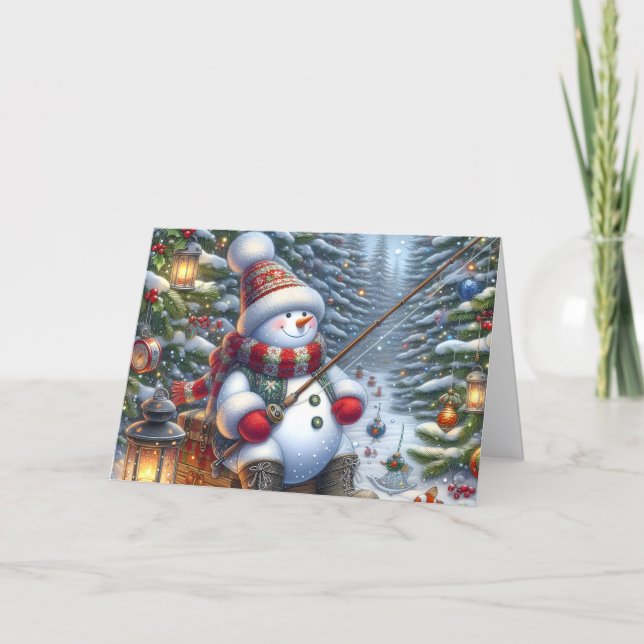 Snowman Ice Fishing Christmas Holiday Card (Front)