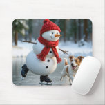 Snowman Ice Skating With Dog Mouse Pad