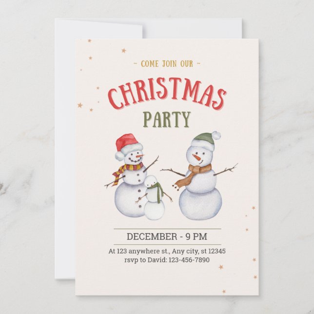 Snowman illustrated Christmas party invitation (Front)