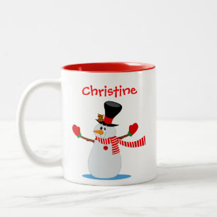 Snowman Illustration Personalized Red and White Two-Tone Coffee Mug