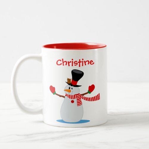 Snowman Illustration Personalized Red and White Two_Tone Coffee Mug