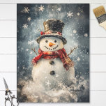 Snowman Illustration Rustic Snowflakes Decoupage Tissue Paper<br><div class="desc">A delightful illustration of a cheerful snowman adorned with a cozy scarf and hat,  surrounded by rustic-style snowflakes on a softly textured background. This charming design brings a touch of warmth and festive spirit,  perfect for holiday and winter-themed crafts.</div>