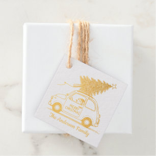 Snowman in a Car Merry Christmas Foil Favor Tags