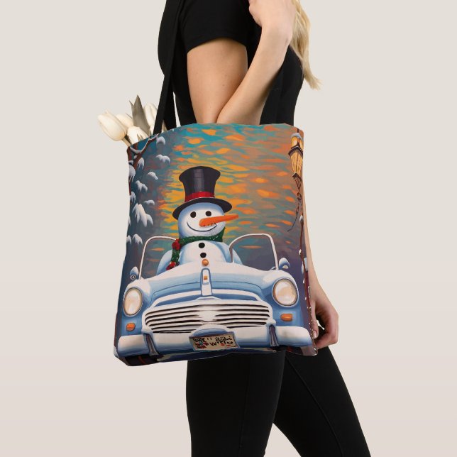 Snowman in a convertible car tote bag (Close Up)