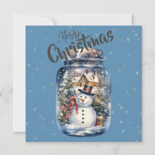 Snowman in a Jar Snowflakes Blue Holiday Card
