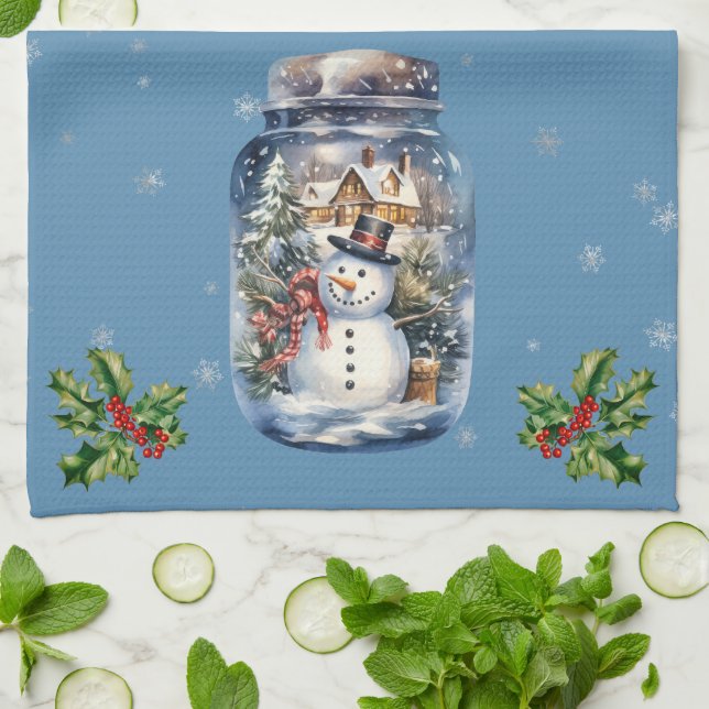 Snowman in a Jar Snowflakes Blue Kitchen Towel (Folded)
