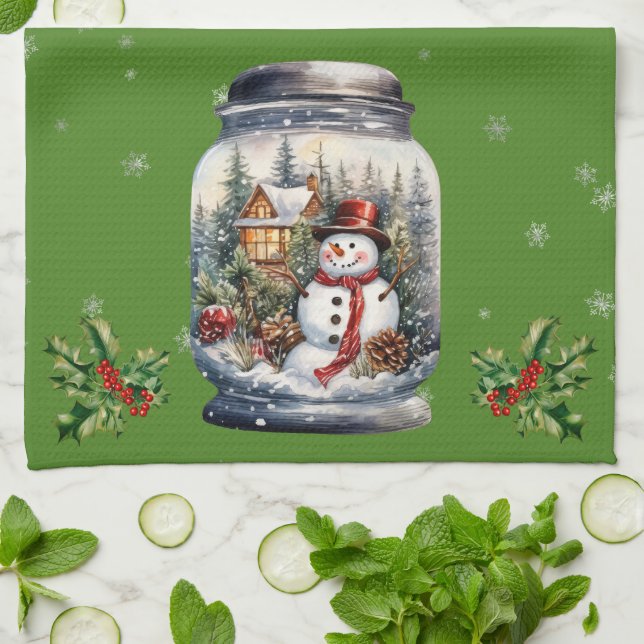 Snowman in a Jar Snowflakes green Kitchen Towel (Folded)