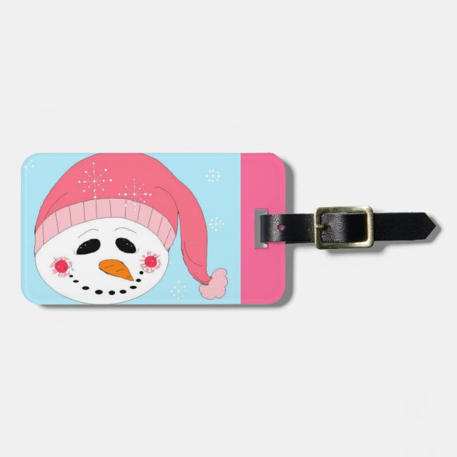 Snowman in a Pink Hat Luggage Tag (Front Horizontal)