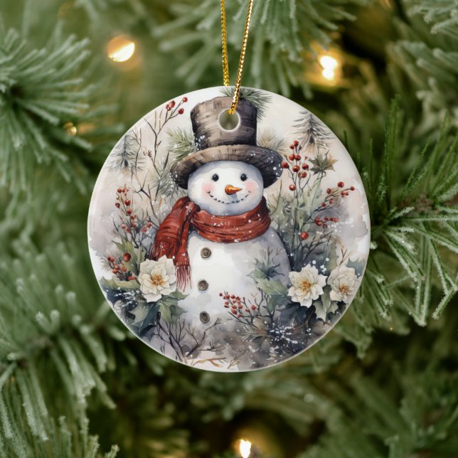 Snowman in a Red scarf Christmas Ceramic Ornament (Tree)