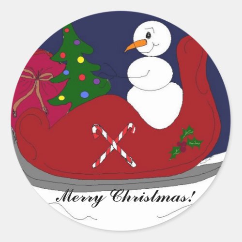 Snowman in a Sleigh Classic Round Sticker