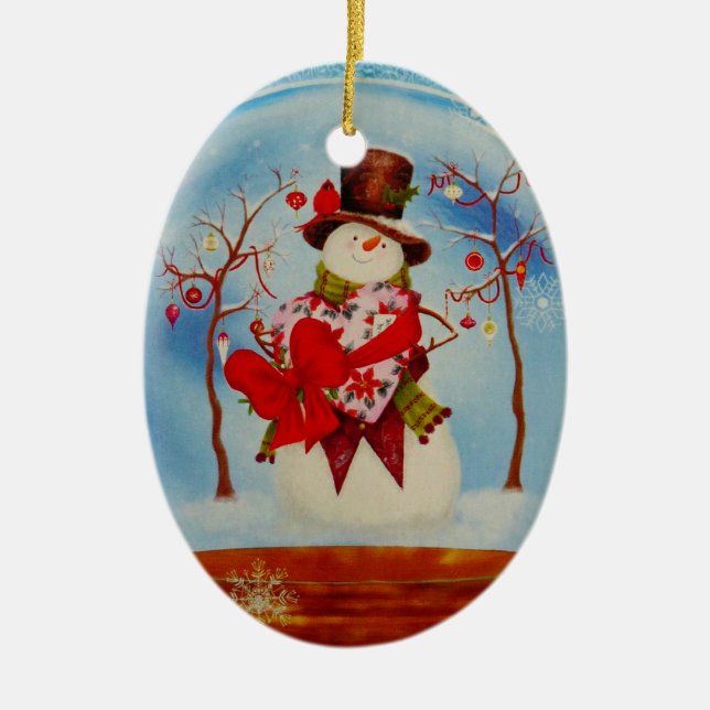Snowman in a Snow Globe Ceramic Ornament (Front)