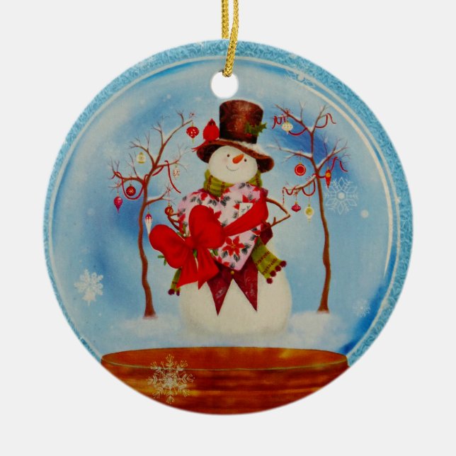 Snowman in a Snow Globe Ceramic Ornament (Front)