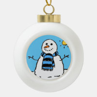 Snowman in a Winter Scene. Ceramic Ball Christmas Ornament