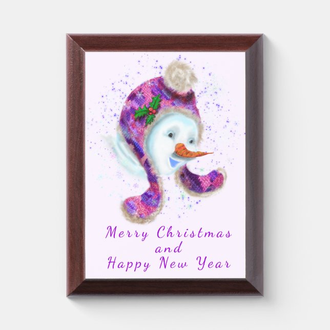 Snowman In Beanie Hat Funny Christmas Gift Plaque (Vertical)