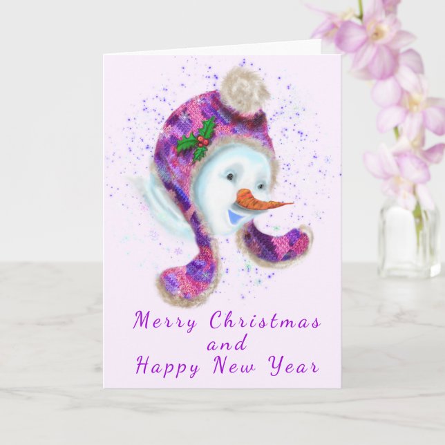 Snowman In Beanie Winter Hat Christmas Card (Orchid)