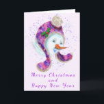 Snowman In Beanie Winter Hat Christmas Card<br><div class="desc">Christmas Cards with Happy Snowman In Purple Pink Beanie Winter Hat Fun Christmas Painting Collection - Choose / Add Your Unique Text / Name / Color - Make Your Special Christmas Card Gift - Resize and move or remove / add elements - image / text with customization tool. Painting and...</div>