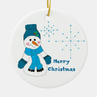 Snowman in Blue Ceramic Ornament
