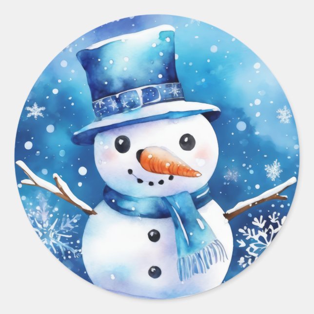 Snowman in blue classic round sticker (Front)
