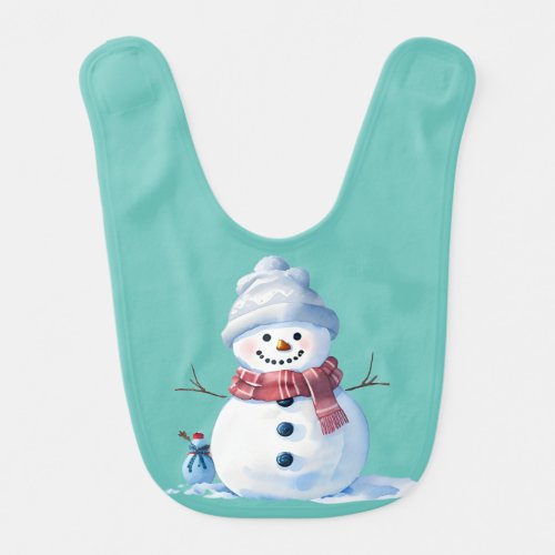 Snowman in Blue Hat and Red Scarf Baby Bib