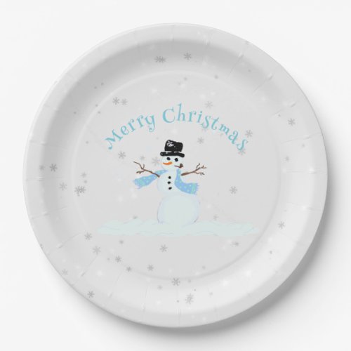 Snowman in Blue Scarf Merry Christmas Paper Plates
