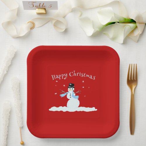 Snowman in Blue Scarf Red Christmas Paper Plates