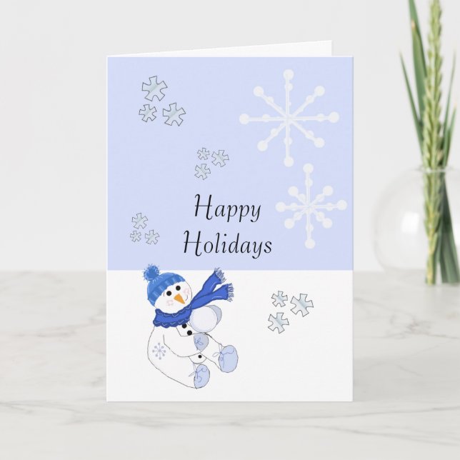 Snowman in Blue with Snowflakes Falling Holiday Card (Front)