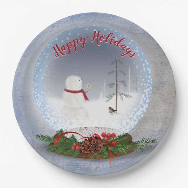 Snowman In Christmas Snow Globe Paper Plates (Front)