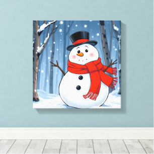 Snowman in cold forest with red scarf canvas print