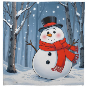 Snowman in cold forest with red scarf cloth napkin