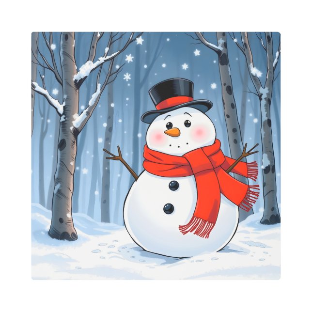 Snowman in cold forest with red scarf metal print (Front)